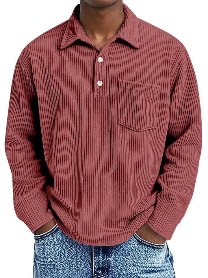 🔥Men's Simple Solid Color Pit Lapel Button Long Sleeve POLO Shirt