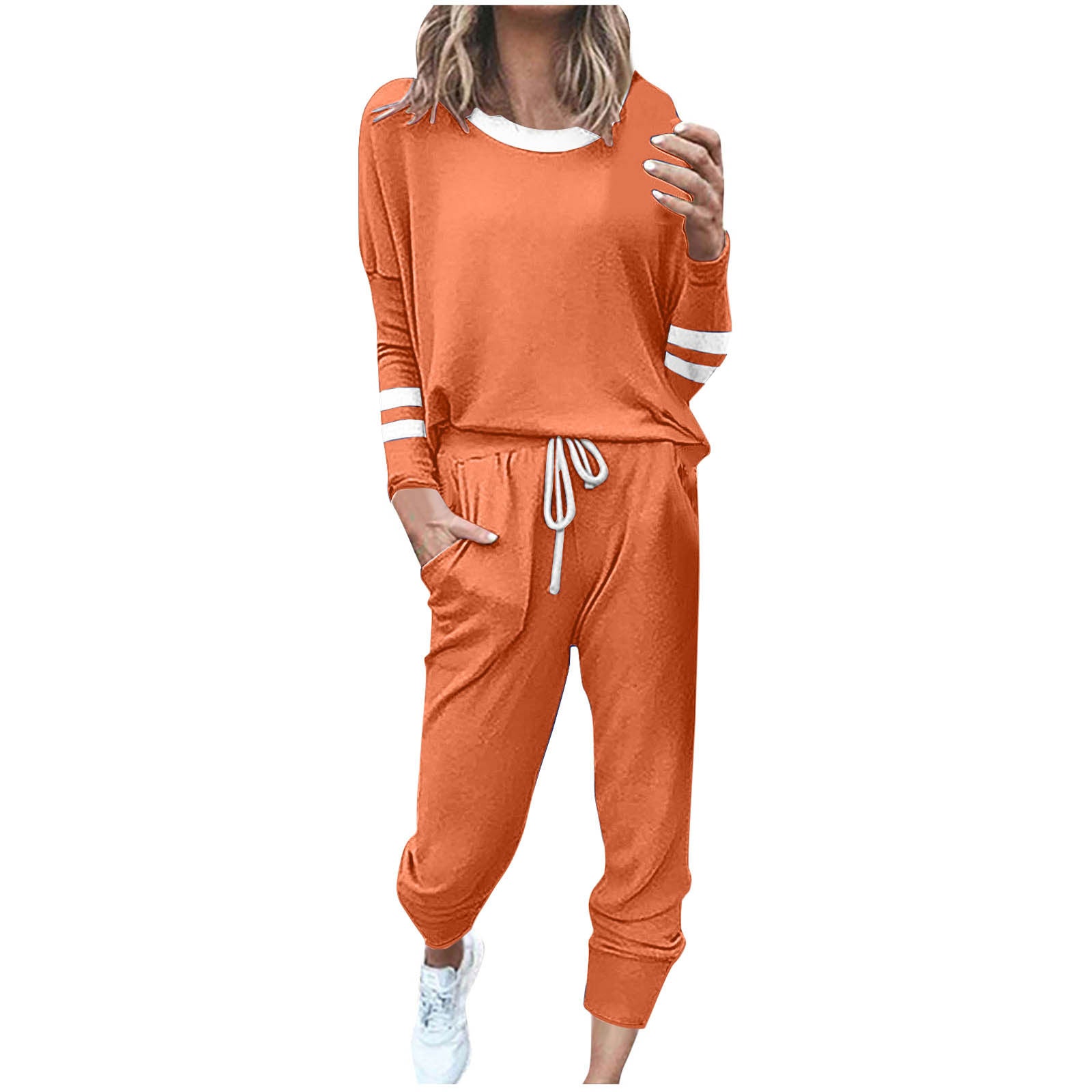 Women's Fashionable Loose Color Block Striped Long Sleeve Round Neck Drawstring Sports Casual Top Plus Pants Set Autumn 2025