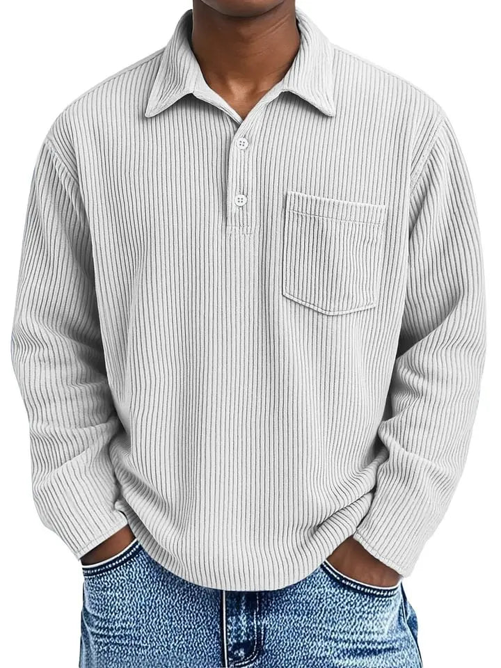 🔥Men's Simple Solid Color Pit Lapel Button Long Sleeve POLO Shirt